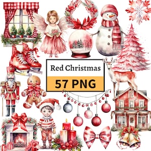 Paquete de imágenes prediseñadas de Navidad roja, Navidad clásica, imágenes prediseñadas acogedoras de vacaciones de Navidad, imagen PNG de Navidad beige de renos de árbol de Navidad, PNG de Navidad