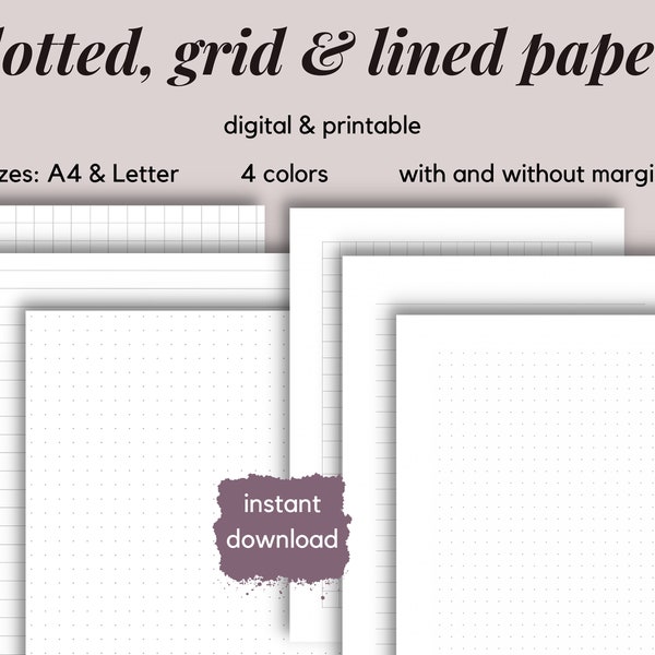 Dot Grid Paper, Dotted Paper, Lined Paper, Grid Paper, Set of Papers, Graph Paper, Planner Inserts, Notebook Paper, Checkered Paper