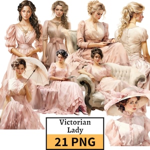 Victorian Lady Portrait Clipart Bundle PNG, Dusty Pink Dress Illustration, Vintage Victorian Ladies Clip Art, Junk Journaling Scrapbooking