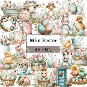 Aquarell Ostern Clipart Bundle Pastell Mint Beige Oster Illustrationen Osterhase Ente Schaf Lamm Ostereier Grafik Set