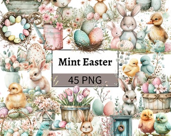 Watercolor Easter Clipart Bundle Pastel Mint Beige Easter Illustrations Easter Bunny Duckling Sheep Lamb Easter Eggs Spring Graphics Set