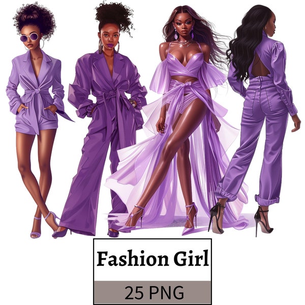 Fashion Girl in Lavender Clipart, 2020s Girl Illustration, Fashion Ladies PNG African American Girl, Black Queen paper crafts junk journals