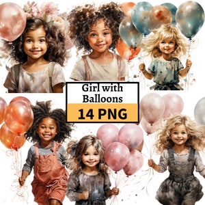 Niedliches kleines Mädchen mit Luftballons, Geburtstagskind Clipart Bundle, Geburtstagsparty Illustrationen, Geburtstag Luftballons, Geburtstag Clipart, Ballon PNG
