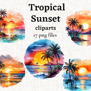 Watercolor Beach Sunset Clipart bundle, Watercolor Ocean Sunset png, Watercolor Clipart, Card Making, Digital Craft, Paper Craft, Commercial