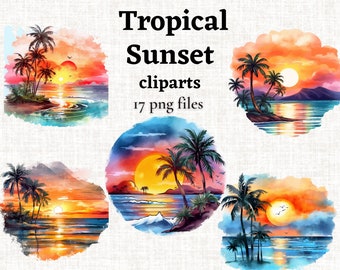 Watercolor Beach Sunset Clipart bundle, Watercolor Ocean Sunset png, Watercolor Clipart, Card Making, Digital Craft, Paper Craft, Commercial