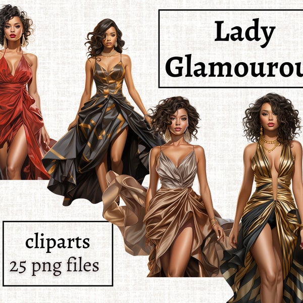 Lady Glamourous Clipart Bundle, Party Girls Fashion Illustration, Haute Couture Dress PNG, Elegant Party Dress Bundle, Party Fashion Design