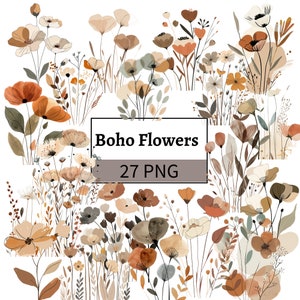 Bundle de cliparts aquarelle fleurs bohèmes neutres esthétiques PNG floral en couleur beige pour papier artisanat numérique indésirable journalisation Scrapbooking