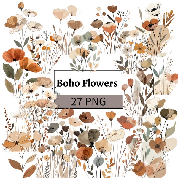 Watercolor Boho Flowers Clipart Bundle Neutral Aesthetic PNG Florals in Beige Color for Paper Digital Crafts Junk Journaling Scrapbooking