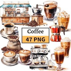 Pacote de clipart de café, clipart de café em aquarela, ilustração de bebidas de café Cabine de moedor de máquina de café, conjunto PNG de cappuccino expresso