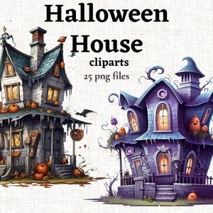 Clipart de casa de Halloween, clipart de casa assombrada, ilustração de Halloween em aquarela, decoração de festa de Halloween, doces ou travessuras, uso comercial