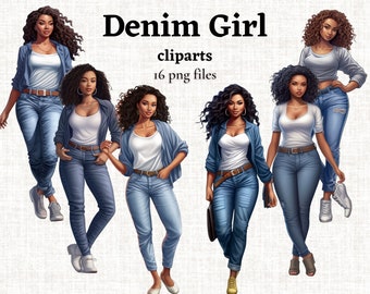 Denim Girl Clipart, Curvy Girl Clipart, Black Girl PNG, African American Girl Illustration, Jeans Girl Clipart, Afro Girls Clipart Bundle