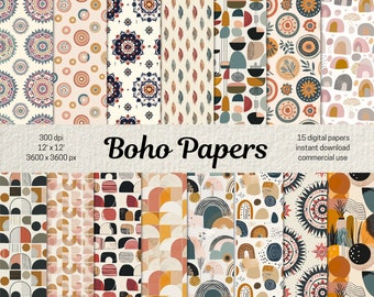 Boho Digital Papers, Bohemian Seamless Pattern for Scrapbooking and Junk Journal, Boho Backgrounds Boho Patterns, Commercial Use Papers PNG