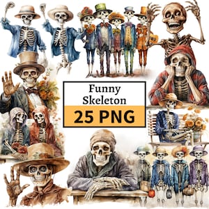 Skeleton Clipart Bundle, Funny Halloween Skeleton PNG, Watercolor Halloween Clipart Bundle, Trick or Treat, Transparent PNG, Commercial Use