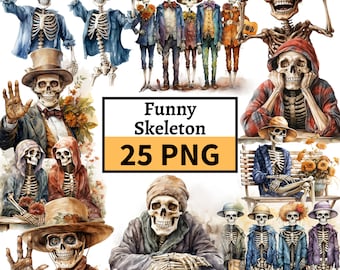 Skeleton Clipart Bundle, Funny Halloween Skeleton PNG, Watercolor Halloween Clipart Bundle, Trick or Treat, Transparent PNG, Commercial Use