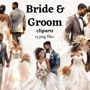 Imágenes prediseñadas de boda, imágenes prediseñadas de novia y novio, novia y novio afroamericanos, PNG de novia y novio negros, descarga instantánea, uso comercial