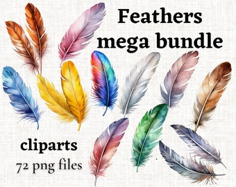 Watercolor Feathers Clipart MEGA Bundle, Colorful Feathers PNG, Boho Feathers, Commercial Use, Transparent Background, for Digital Crafting