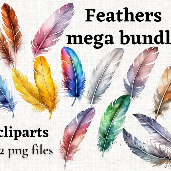 MEGA Bundle Clipart plumes aquarelle, PNG de plumes colorées, plumes Boho, usage commercial, fond Transparent, pour la création numérique