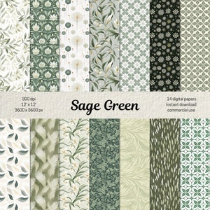Papeles digitales verde salvia, patrón minimalista sin costuras para scrapbooking y patrón boho de fondo de hoja de diario basura, papeles de uso comercial