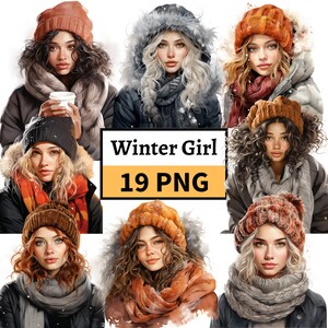 Paquete de imágenes prediseñadas de niña de invierno, imágenes prediseñadas de invierno acogedoras, ilustración de acuarela de invierno, PNG de niña bonita para la fabricación de tarjetas, diseños de sublimación