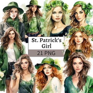 Clipart Saint Patrick's Girl PNG Bundle Saint Patricks illustrations irlandaises belle fille graphiques aquarelle femmes en vert