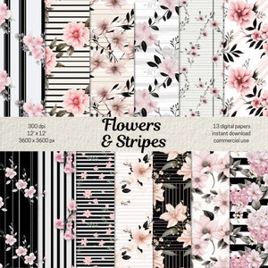Papiers numériques floraux fleurs et papier de scrapbook à rayures noires, motif floral sans couture à rayures, fond de fleurs roses pour les journaux indésirables