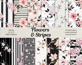 Floral Digital Papiere Blumen und schwarze Streifen Scrapbook Papier, Floral Gestreifte Nahtlose Muster, Rosa Blumen Hintergrund für Junk Journals