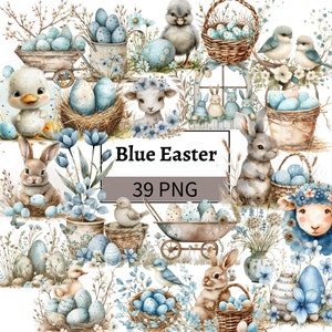Aquarell Ostern Clipart Bundle Pastell Blau Beige Ostern Illustrationen Osterhase Ente Schaf Lamm Ostereier Grafik Set