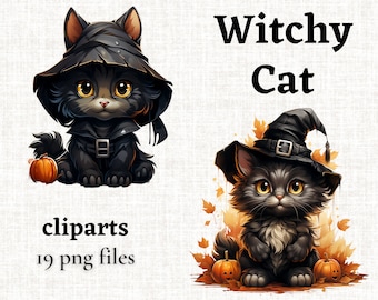 Witchy Cat Clipart, Black Cat Clipart Bundle, Cute Halloween Cat PNG, Black Halloween Cat Designs, Cat in a Witch Hat, Cute Halloween Images