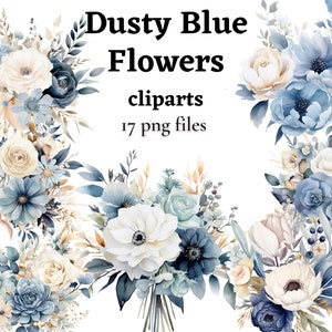 Dusty Blue Flowers Clipart Bundle, Light Blue and White Floral Arrangement PNG Images, Watercolor Floral Blue Wedding Clipart Commercial Use