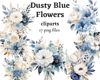 Dusty Blue Flowers Clipart Bundle, Light Blue and White Floral Arrangement PNG Images, Watercolor Floral Blue Wedding Clipart Commercial Use