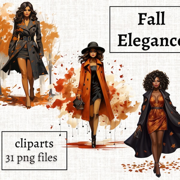 Fashion Girl Clipart, Fall Elegant Woman Illustration, Fall Girl Clipart Bundle, Lady in a Coat PNG, Autumn Girl Clipart, African American