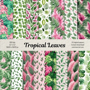 Tropische Blätter Musterdesign Exotische Blätter Hintergrund Monstera Blatt Digitales Papier Grün Rosa Papiere für Scrapbooking Junk Journaling