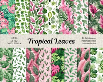 Feuilles tropicales, motif transparent, feuilles exotiques, fond, feuille de Monstera, papier numérique, vert rose, papiers pour scrapbooking, journalisation indésirable