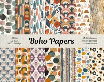 Boho Digital Papers, Bohemian Seamless Pattern for Scrapbooking and Junk Journal, Boho Backgrounds Boho Patterns, Commercial Use Papers PNG