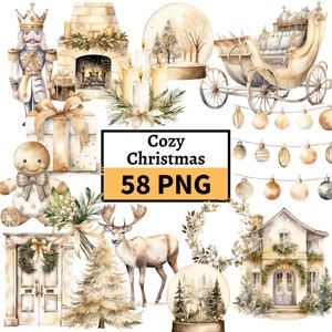 Paquete de imágenes prediseñadas de Navidad natural, Navidad de color neutro, imágenes prediseñadas acogedoras de vacaciones de Navidad, imagen PNG de Navidad beige de renos de árbol de Navidad