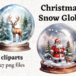Noël boule à neige clipart, clipart boule de cristal, hiver boule à neige PNG, joyeux bonhomme de neige PNG, clipart père Noël, Illustration renne