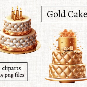 ゴールデンケーキのクリップアート、ウェディングケーキのPNGバンドル、高級ケーキのイラスト、結婚式の招待状の画像、ホワイトゴールドケーキのPNG、バースデーケーキのPNG
