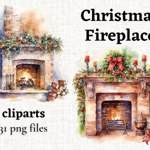 Christmas Fireplace Clipart, Cozy Christmas Clipart, Christmas House PNG, Christmas Decoration Clipart Bundle, Watercolor Christmas Bundle