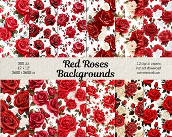 Valentine Digital Paper Red Rose Seamless Pattern for Valentine's Day card making paper crafts scrapbooking, Roses Background Commercial Use