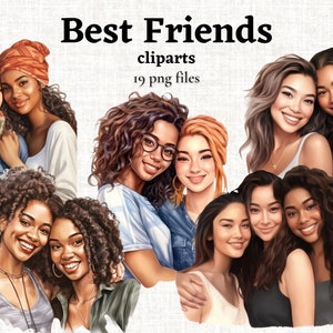 Best Friends Clipart, Female Friends Clipart Bundle, BFF Clipart Set, Intercultural Friendship PNG, International Friends Illustration,