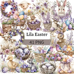 Aquarell Ostern Clipart Bundle Pastell Lila Beige Ostern Illustrationen Osterhase Ente Schaf Lamm Ostereier Grafik Set