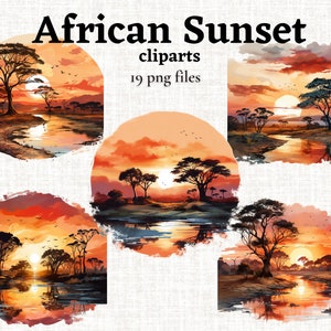 Clipart tramonto africano, pacchetto clipart paesaggio africano, PNG acquerello Safari tramonto, pacchetto immagini vacanze, pubblicità Clipart alba