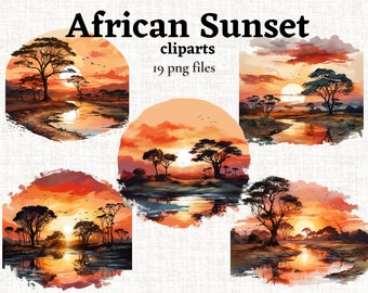 African Sunset Clipart, African Lanscape Clipart Bundle, Watercolor Safari Sunset PNG, Vacation Images Bundle, Sunrise Clipart Commercial