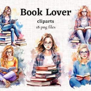 Boek minnaar clipart bundel, aquarel boekenwurm clipart, lezen meisje PNG, meisje met een boek graphics, boeken illustraties, schoolse clipart
