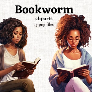 Bookworm Black Girl Clipart, Book Lover Clipart, Reading a Book PNG, Girl with a book Clipart, African American Girl Reading PNG, Black Girl