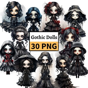 Gothic Puppen Clipart Bundle, Halloween Mädchen Illustration, Gruselige Puppen PNG, Vintage Puppen Clipart, Halloween-Saison Dekorationen, Kommerziell