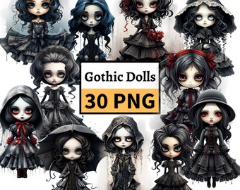 Gothic Dolls Clipart Bundle, Halloween Girls Illustration, Spooky Dolls PNG, Vintage Dolls Clipart, Halloween Season Decorations, Commercial