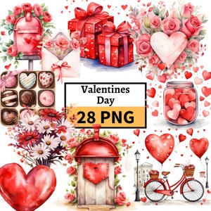 Aquarel Valentijnsdag Clipart Bundel, Valentine Clipart, Valentine Hearts PNG, Love Clipart, Ballonnen scrapbooking junk journal Graphics