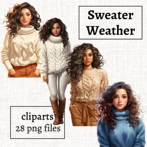 Pullover Wetter Clipart Bundle, Mädchen im Pullover PNG, Strickpullover Illustration, gemütliche Winter Grafiken, gemütliche Herbst Designs, Mode Mädchen