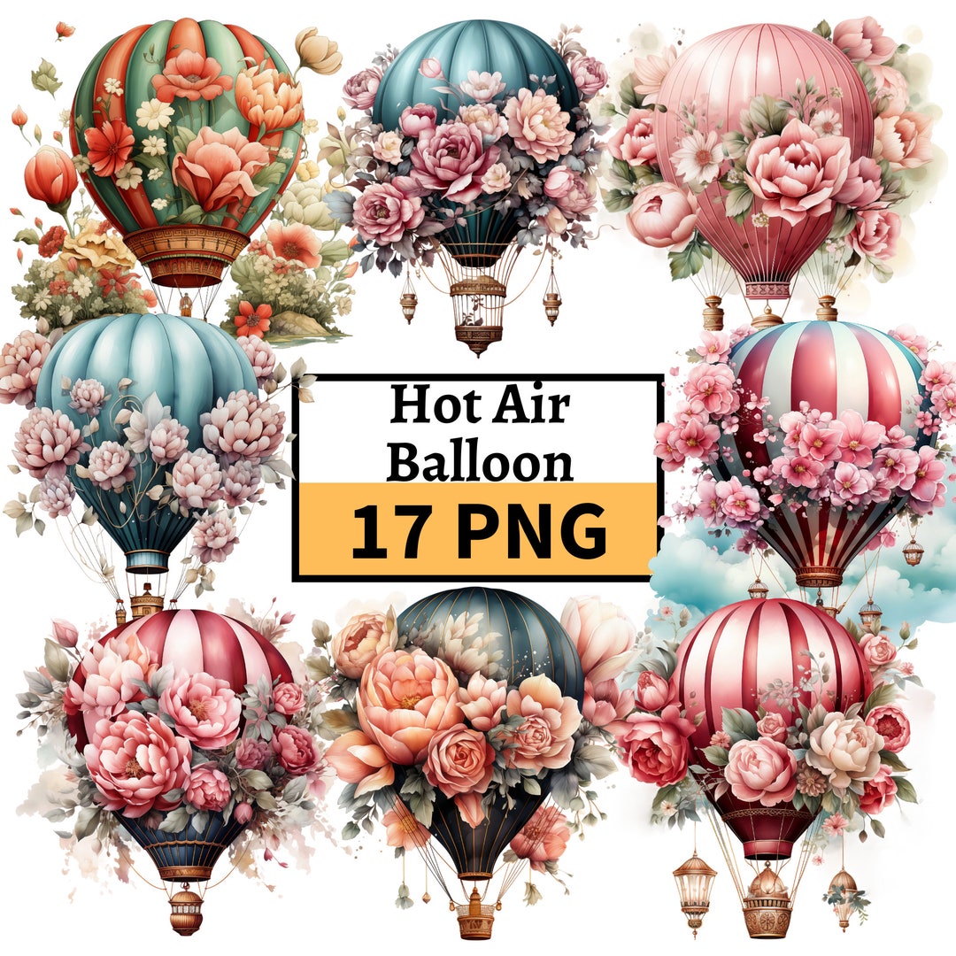 Hot Air Balloon Clipart, Vintage Hot Air Balloon PNG, Greeting Card ...